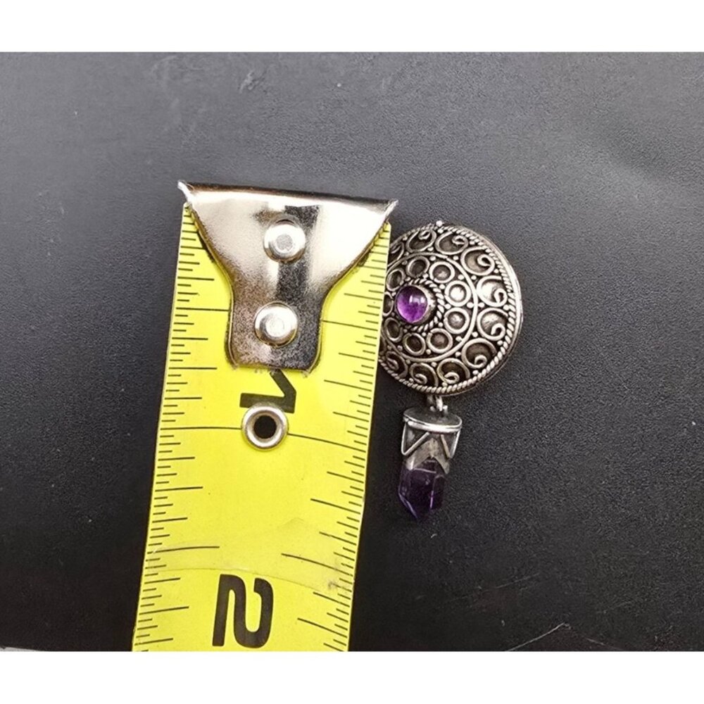 Vintage Sterling Silver 925 Pendant Amethyst Gemstone & Dangling Charm Domed - Picture 9 of 9